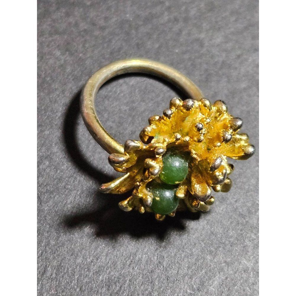 Gold plated green jade antique adjustable ring - Picture 9 of 11